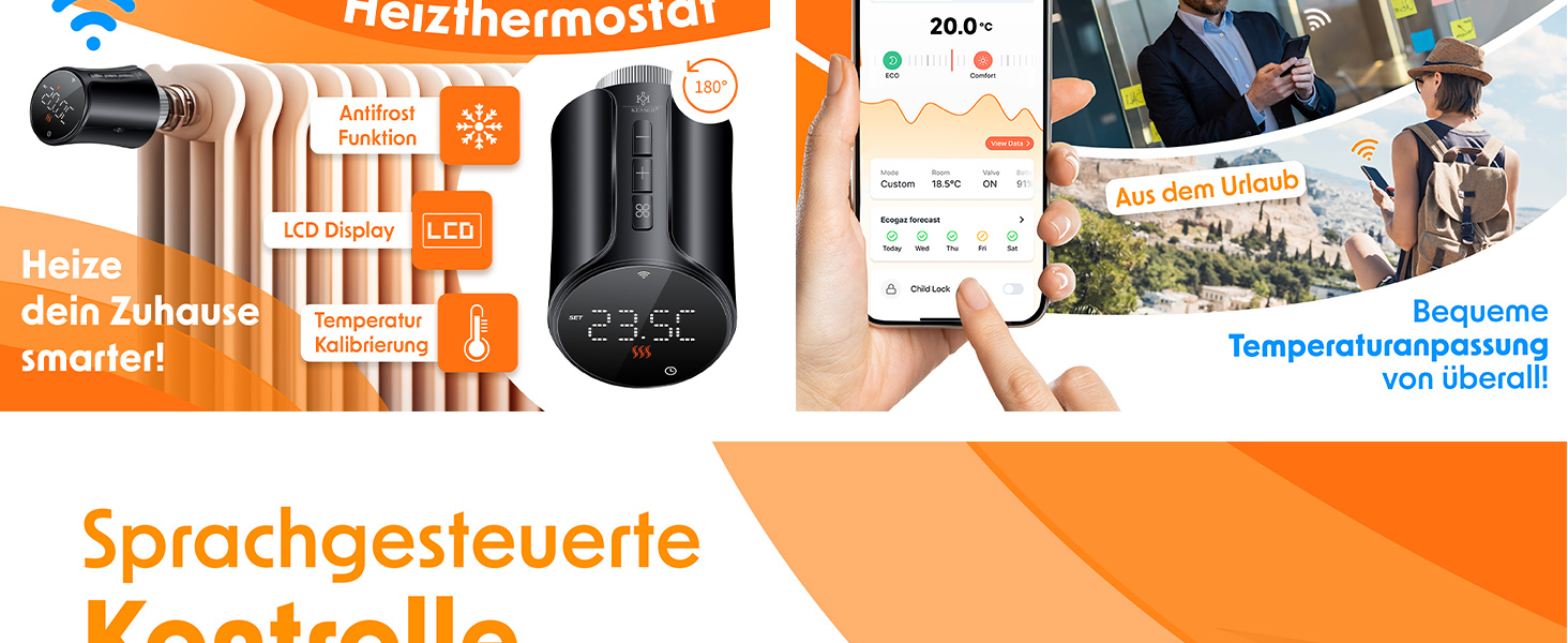 KESSER® WiFi термостат на радіатор опалення з керуванням через додаток Smart Home | Комплект з 6 вентилів для опалення, сумісний з Alexa та Google Assistant | Економія енергії та коштів, білий