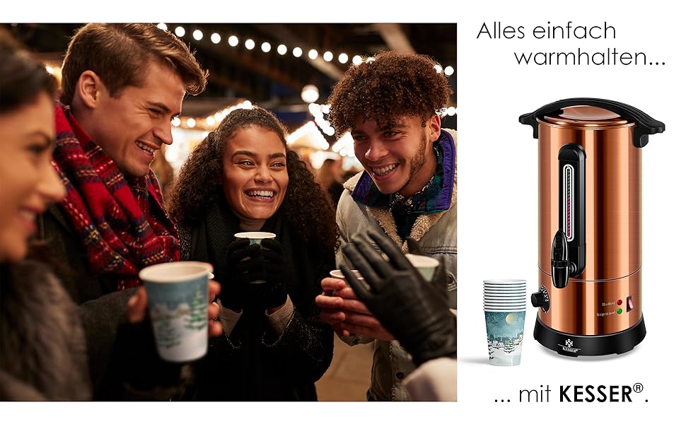 Кесер® Електричний казанок для глінтвейну 10л з нержавіючої сталі, з термостатом, 10 склянок, індикатор рівня, кран, мідний
