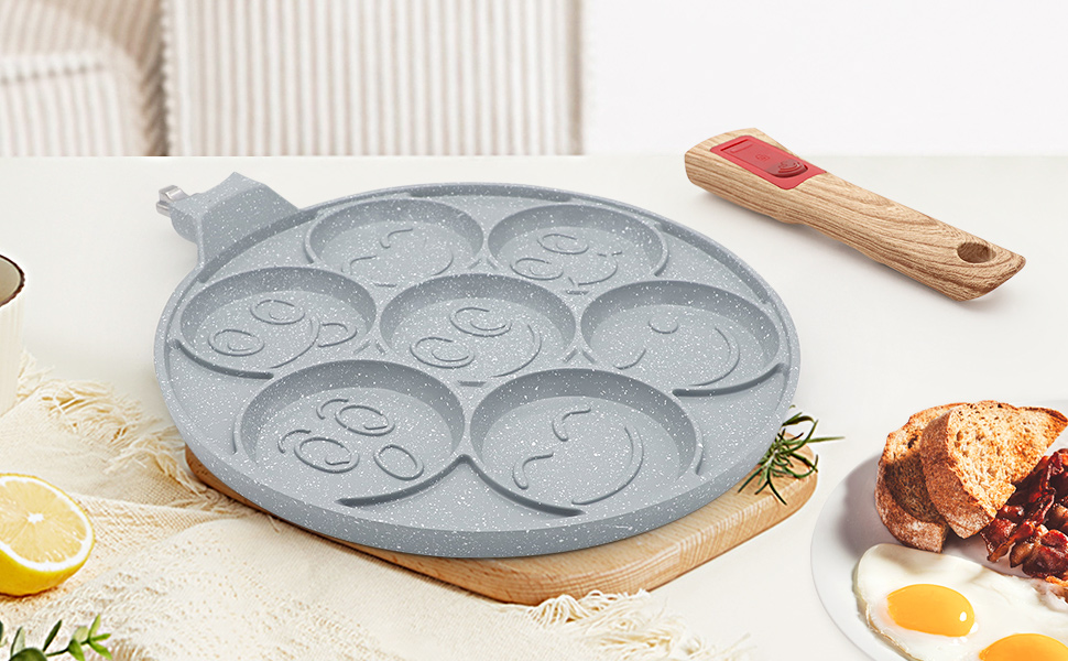 Сковорода для панкейків Induktion з антипригарним покриттям, 7 отворів, знімний ручка, для приготування яєць та дитячого сніданку - синій