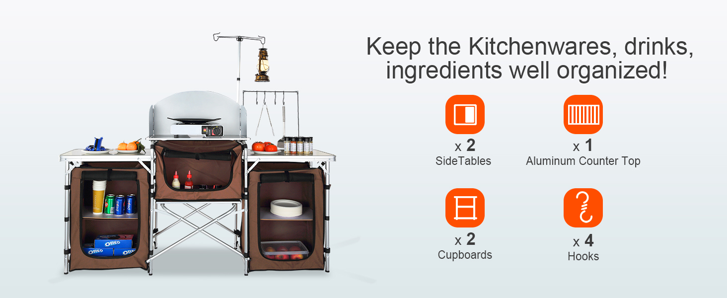 Кухонний шафка VEVOR для кемпінгу: 174 x 176 x 46 см, складаний, з ламповим стовпом та гачками, для відпочинку на природі, пікніків. Алюмінієвий каркас, кухонна коробка, кемпінговий вогонь.