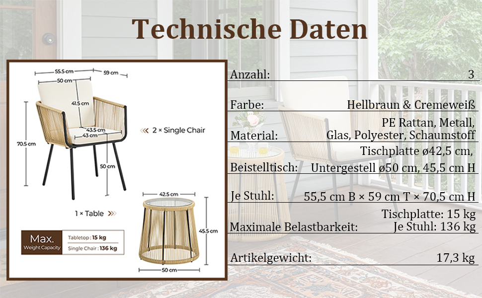 Набір садових меблів Yaheetech з ротангу для балкона: 2 крісла з подушками та стіл зі скляною стільницею, світло-коричневий/кремовий