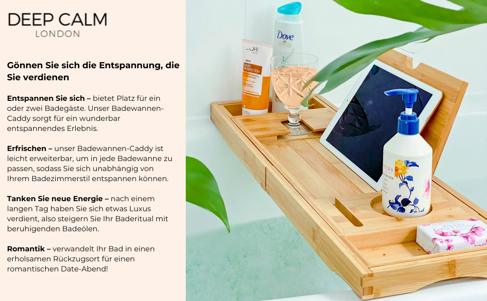 Підставка для ванни Deep Calm з бамбука - регульована, антиковзка, для книг, iPad, телефону, склянки, свічки (біла)