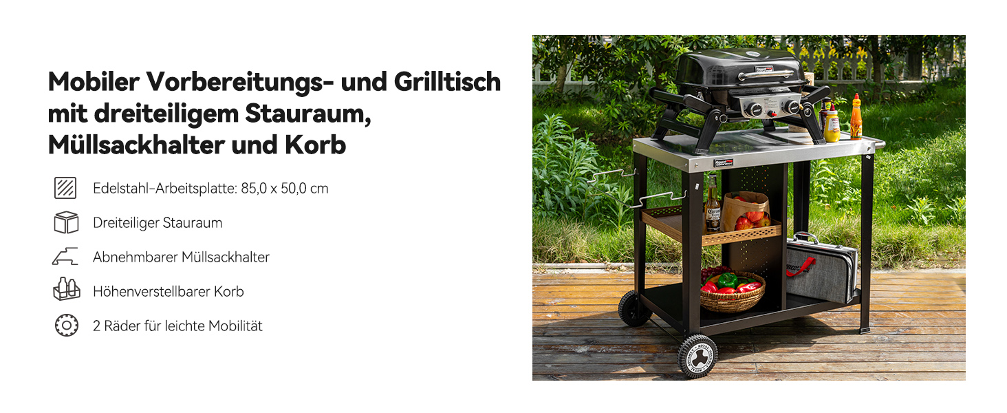 Роял Гормет: Робоча поверхня для гриля 85x50 см з нержавіючої сталі, візок на 3 яруси для гриля та піци, з ручками, тримачем для сміття та полицями для зберігання, легко миється та мобільний
