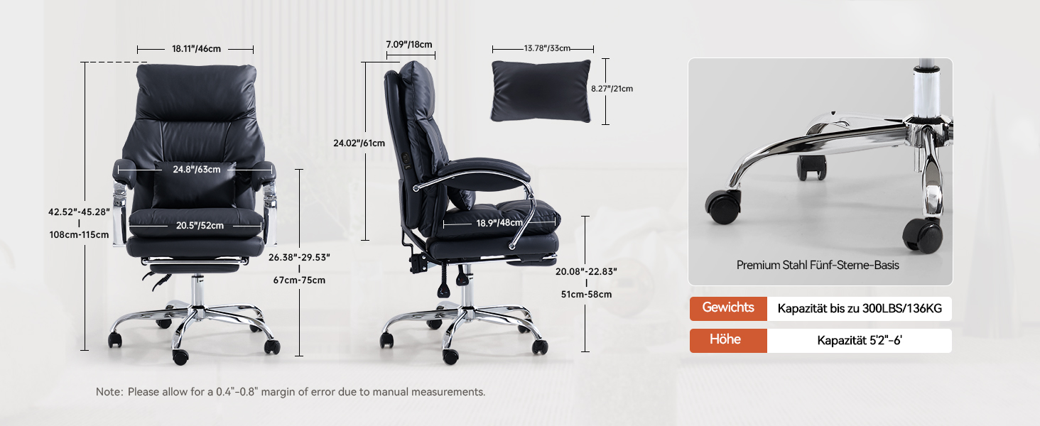 Офісний крісло EMIAH з підніжкою, комфортний крісло для роботи з підлокітниками, ергономічний крісло для начальника з PU шкіри та роликами, ігровий комп'ютерне крісло з потовщеною подушкою,(Чорний)