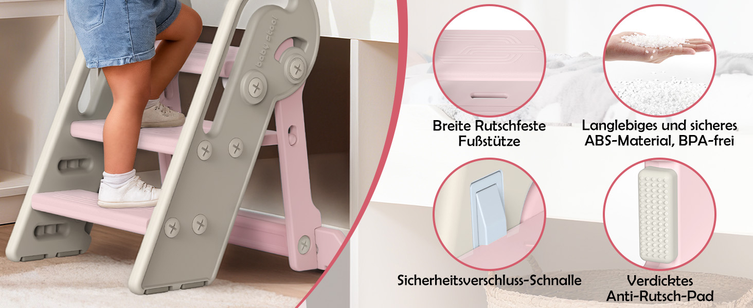 Дитячий підсходильник Onasti Tritthocker, регульована висота, 3 сходинки, з ручками, складний, анти-ковзний, для кухні, ванної кімнати, умивальника та туалету (Сірий) Сіро-білий (Рожевий)