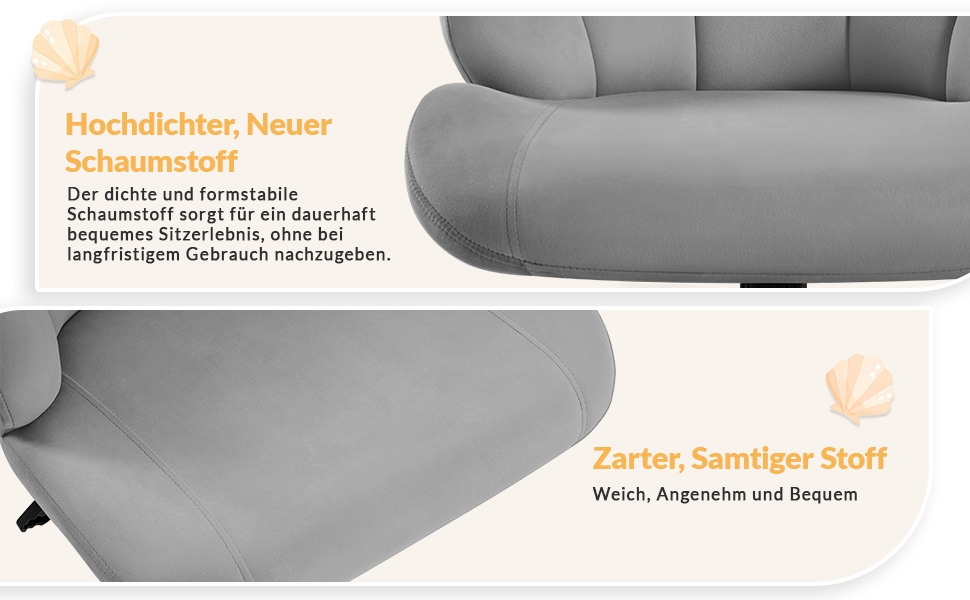 Крісло для дому та офісу Yaheetech, крісло для макіяжу, офісне крісло з регулюванням висоти, поворотне, з м'якою спинкою у формі мушлі, на коліщатках, з велюру, до 136 кг, білий (світло-сірий)