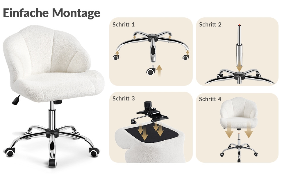 Крісло для дому та офісу Yaheetech, крісло для макіяжу, регульоване по висоті, поворотне, офісне крісло у формі мушлі, крісло з роликами, оксамитове крісло, до 136 кг, білий (сніжно-білий)