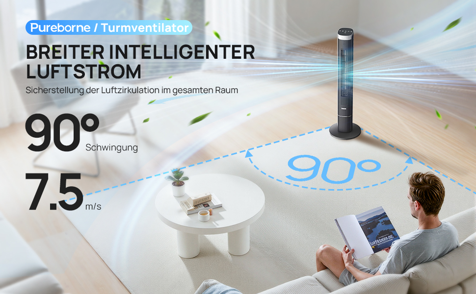 Турбовентилятор Leiser з осциляцією 90°, Wi-Fi, пульт, 4 швидкості, 4 режими, таймер 12 год, чорний, 102 см