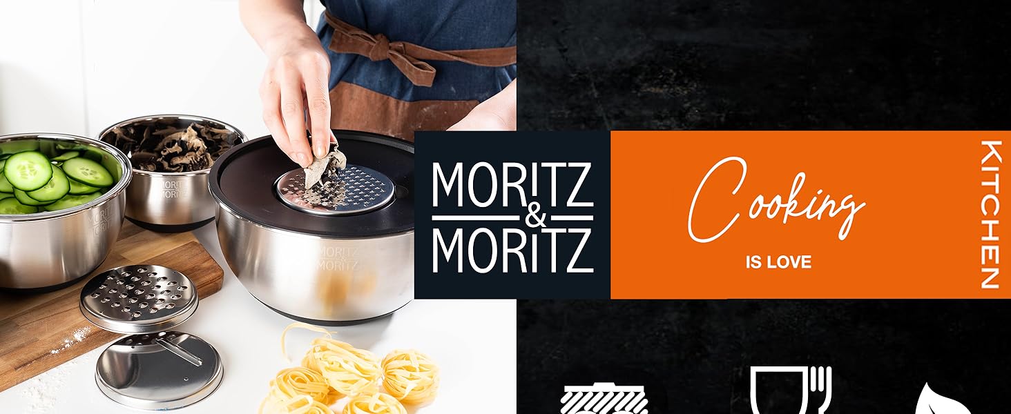 Миска для перемішування Moritz & Moritz 5er з кришкою - 0,6-4,5л - нержавіюча сталь з антиковзкими ніжками без BPA - Складна салатниця з кришкою та 3 насадкою-терткою - придатна для миття в посудомийній машині