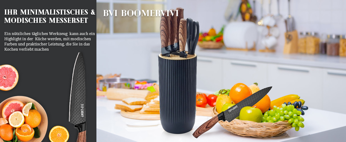 Набір кухонних ножів, 6 предметів, чорний, гострий, з антипригарним покриттям, нержавіюча сталь, з підставкою (Khaki)