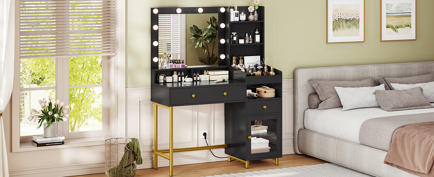 Великий туалетний столик AOGLLATI з великим дзеркалом та регульованою LED-підсвіткою. Косметичний столик з розетками, 3 висувними ящиками та 2 шафками. Сучасний туалетний столик для спальні (білий/чорний)