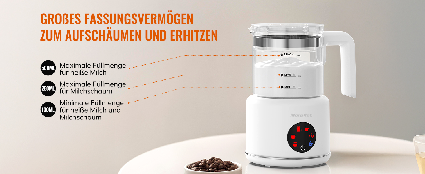 Електричний спінювач молока Morpilot 6-в-1: для капучіно, лате, гарячого шоколаду, 130-500мл, 600W, скляний, для миття в посудомийній машині