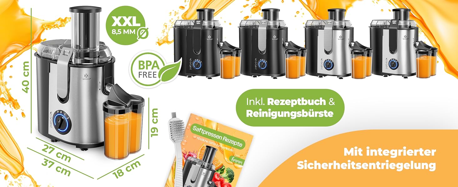 KESSER® Електрична центрифужна соковитискачка для фруктів та овочів з нержавіючої сталі 1100W, велика завантажувальна трубка, 3 швидкості, сірий/срібний колір