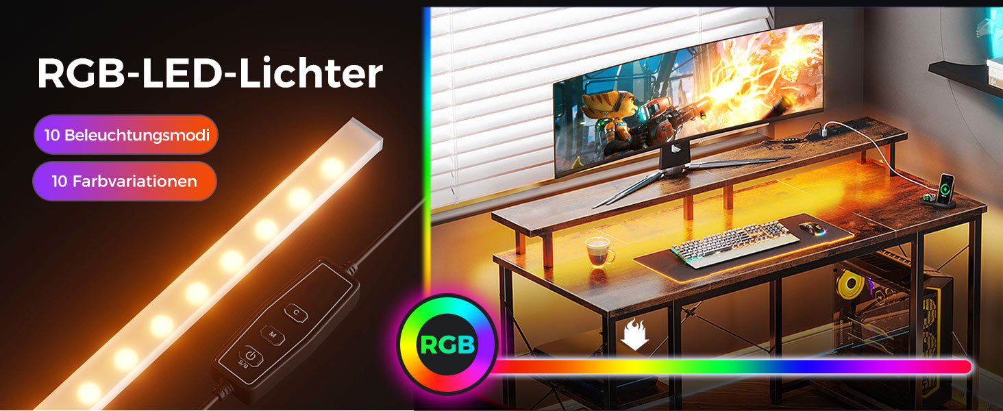 Ігровий стіл Coleshome з LED-підсвічуванням, 120x50 см, коричневий. Стіл для комп'ютера з 2 розетками, 2 USB-портами, підставкою для монітора та місцем для зберігання. Підходить для дому та офісу.