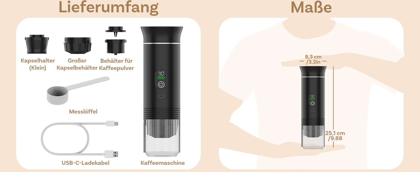 Портативна кавомашина MMOBIEL: електрична еспресо-машина з підігрівом, USB-C, для кави в зернах та капсул – ідеальна для подорожей, кемпінгу, дому, офісу, авто (чорний)