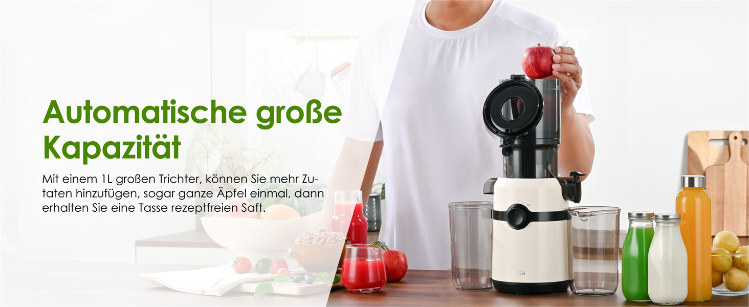 Фреш-прес Fretta: повільний соковичавник з широкою годівницею 108 мм, 200W, 1л, BPA-free Tritan, білий