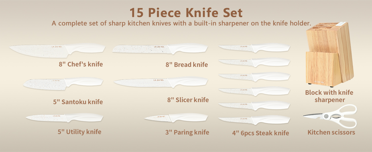Набір ножів кухонних 15 предметів з точилкою, нержавіюча сталь, для нарізки, шинкування, нарізання кубиками, безпечний, (Білий)