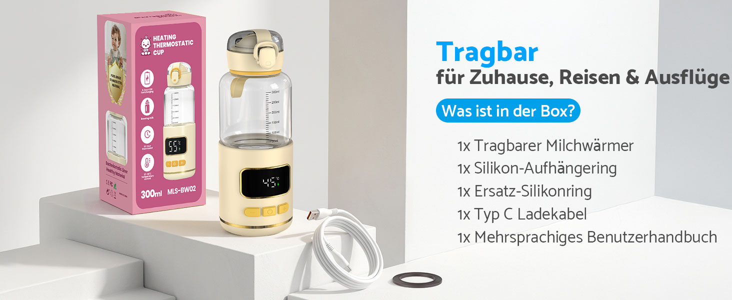 eSynic Підігрівач для пляшечок 450мл з акумулятором 15000mAh, портативний, швидкий нагрів (2-3 хв), для дитячого харчування та води, USB-C, BPA-free, з боросилікатного скла, для подорожей та нічного годування