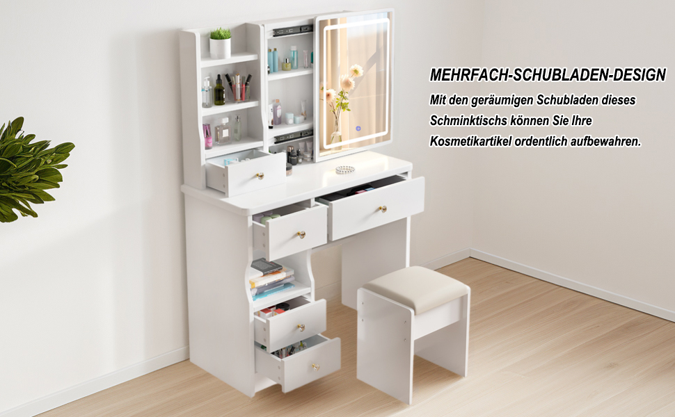 Дзеркальний туалетний столик DATO з LED-підсвічуванням, 3 колірні температури та регулюванням яскравості, з пуфом, 5 шухляд та 3 полиці, з розсувним дзеркалом (T68)