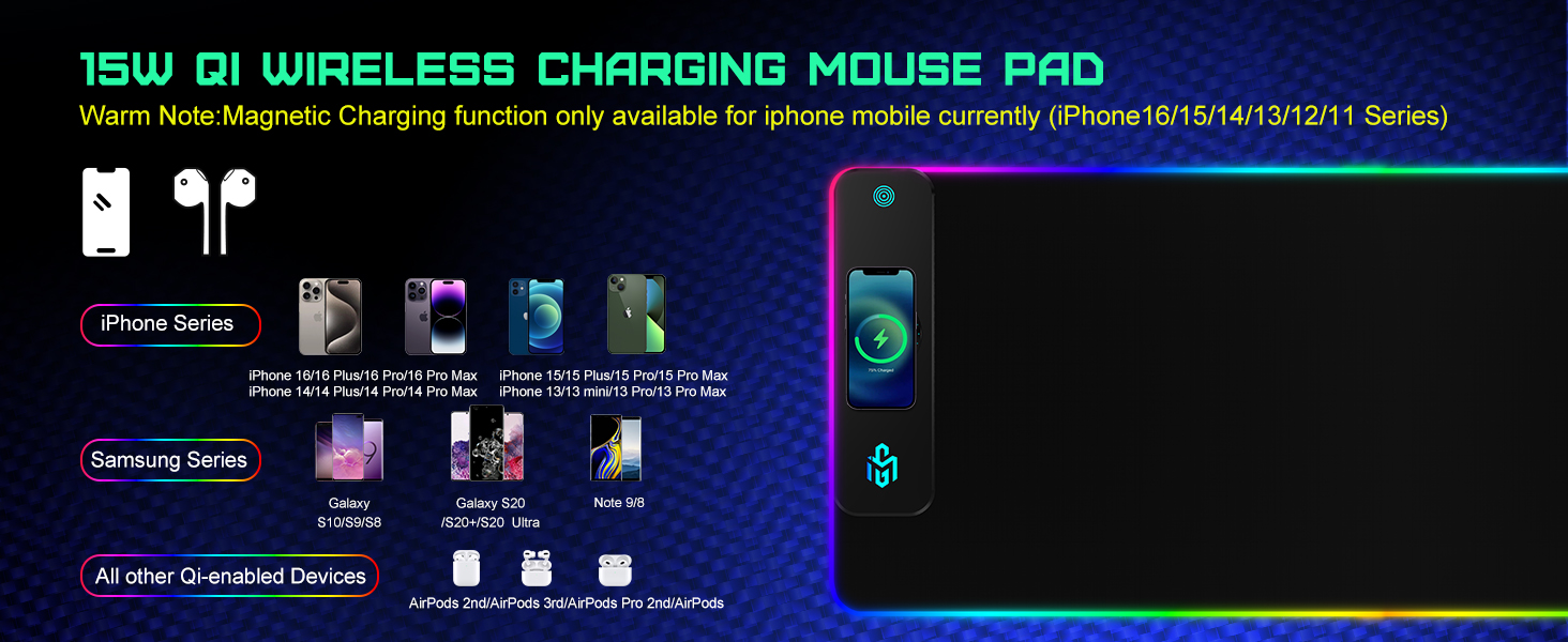 Ігрова килимок для миші RGB з бездротовою зарядкою Qi 15W, LED-підсвічування, 10 режимів, вологостійкий, протиковзкий, для геймінгу, офісу та дому (Чорний)