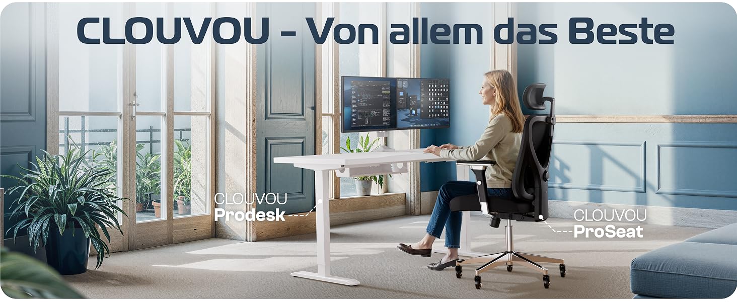 Електричний підйомний стіл CLOUVOU ProDesk 160x80 см, двомоторний стіл з регулюванням висоти, пам'яттю, USB-портами та кабель-менеджментом (білий каркас, дерев'яна стільниця)