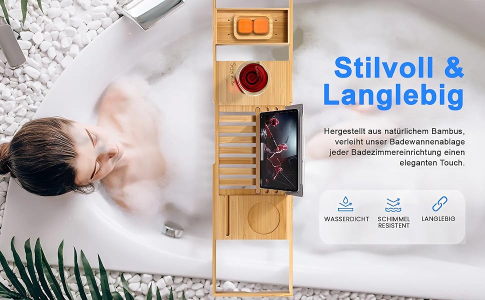 Поличка для ванни SereneLife з бамбука – висувна з подарунковою коробкою, антиковзаюча, для книг, вина, снеків та догляду за собою