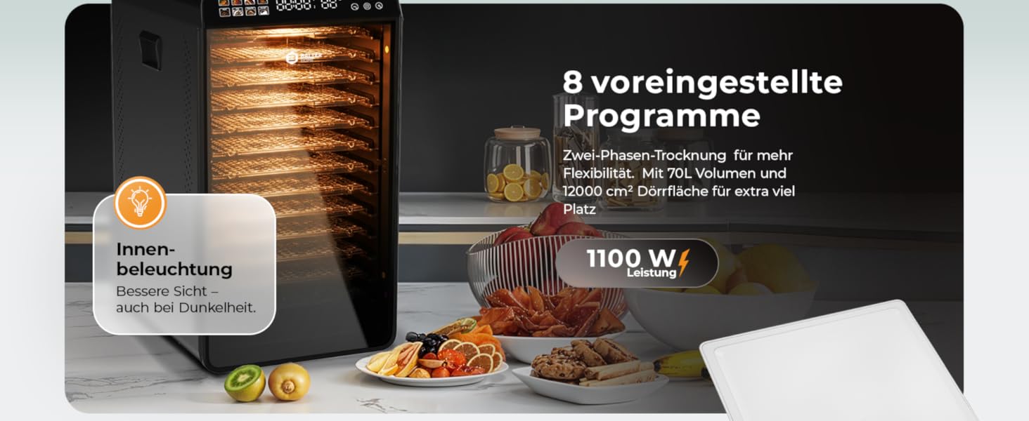 Електрична сушарка для фруктів та овочів Balter з нержавіючої сталі, 12 ярусів, 1100 Вт, 70 л об'єм, 12000 см² поверхня сушіння, BPA-free, 35–75 °C, таймер до 72 год