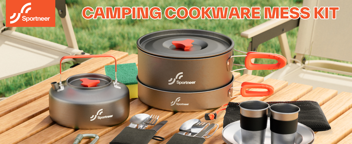 Набір посуду для кемпінгу на 2 особи: каструля, сковорода, чайник, тарілки, чашки, столові прибори (Löffel, Gabeln) для пікніків, походів та кемпінгу
