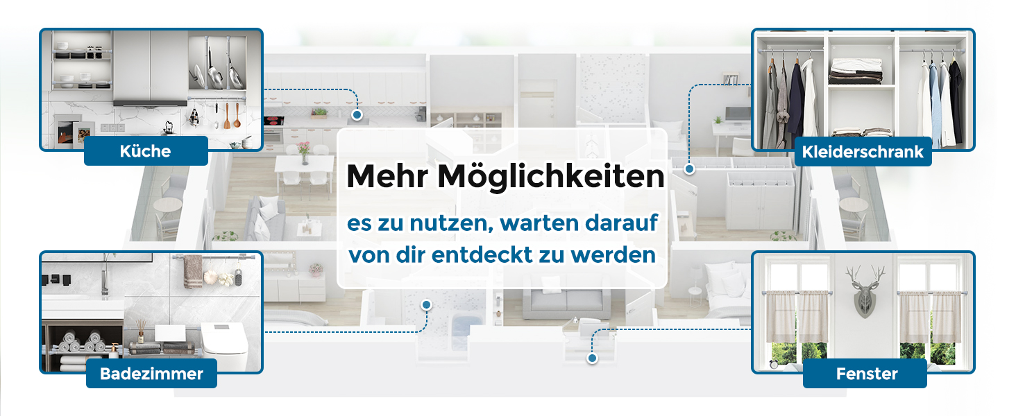 Штанга для штор без свердління AIZESI 113-197 см, телескопічна, для душу/ванної, регульована, діаметр 22 мм, срібна