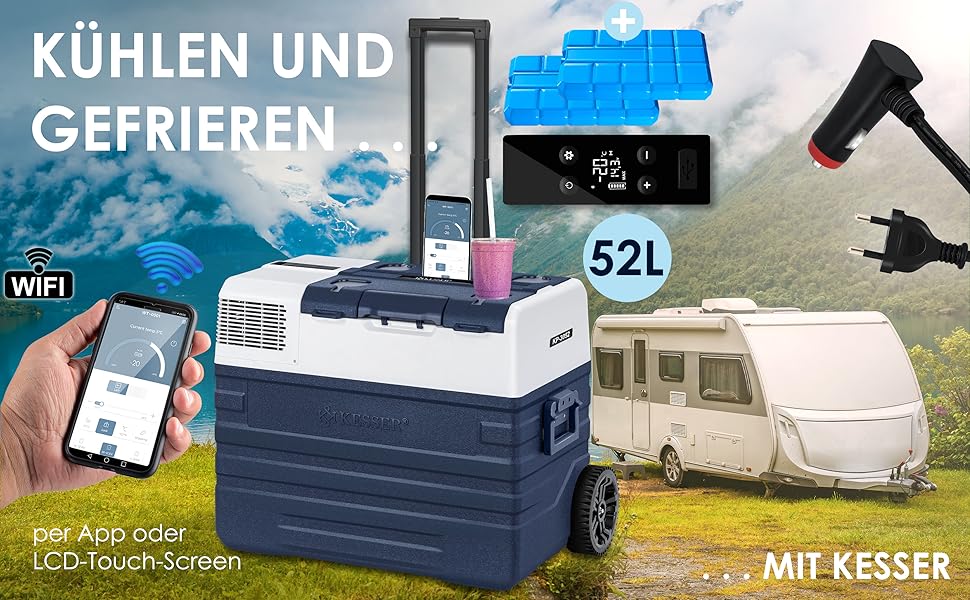 Автомобільний компресорний холодильник KESSER® 42л з Wi-Fi, 12/24/230V, до -20°C, з колесами та телескопічною ручкою для кемпінгу, фургону, вантажівки, човна + 2 акумулятори холоду (синій)