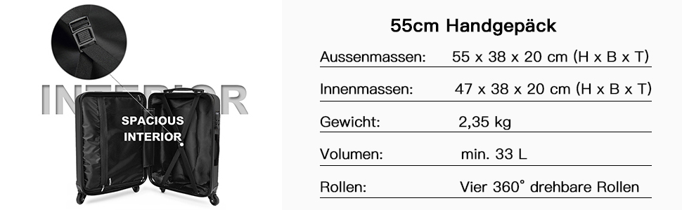 Чемодан ручної поклажі KONO з колесами та TSA замком, чорний
