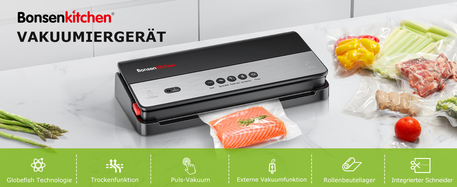 Вакууматор Bonsenkitchen для сухих та вологих продуктів з вбудованим різаком, чорний (в комплекті рулон та 5 пакетів)