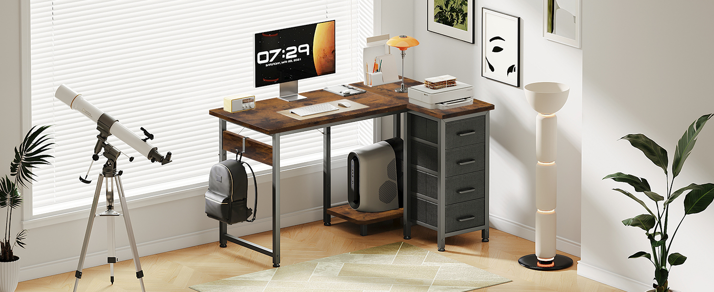 Комп'ютерний стіл Coleshome L-подібний, 120x70 см, 4 шухляди, для офісу/кабінету/спальні, вінтажний коричневий