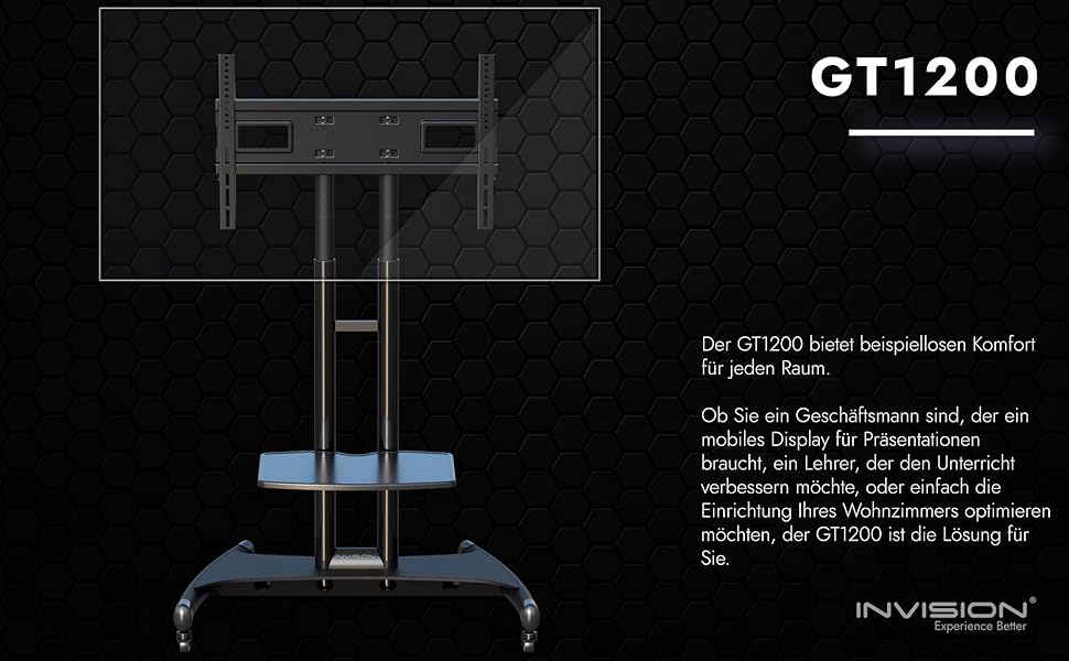 Підставка для телевізора Invision на колесах для екранів 32-75 дюймів, мобільна, регульована по висоті, до 45.5 кг, VESA 600x400, GT1200 ScreenStation