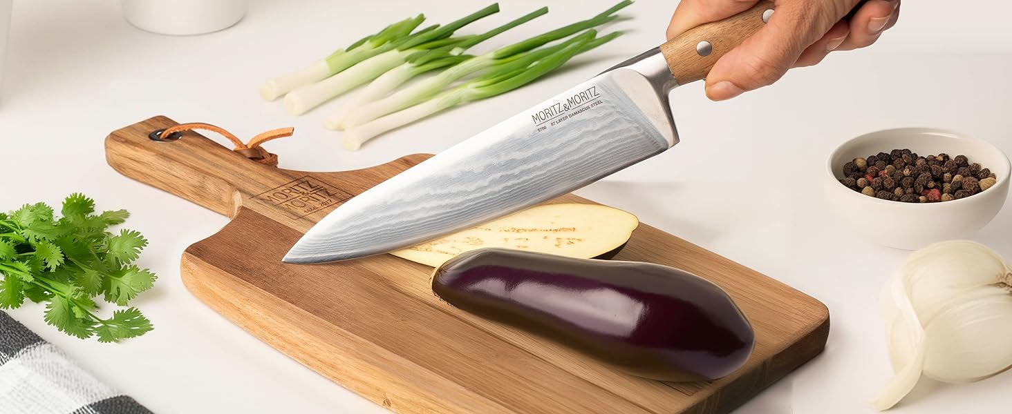 Ніж кухарський Moritz & Moritz Damastmesser 20 см - професійний ніж з дамаської сталі 67 шарів - кухонний ніж з ергономічною ручкою з акації