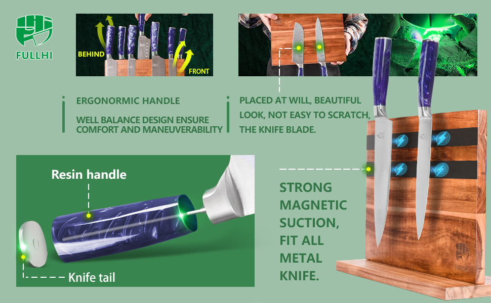 Японський набір ножів Fullhi 15 предметів з магнітним підставкою, леза з японської сталі, ергономічні ручки з фіолетового харчу, для професійної та домашньої кухні