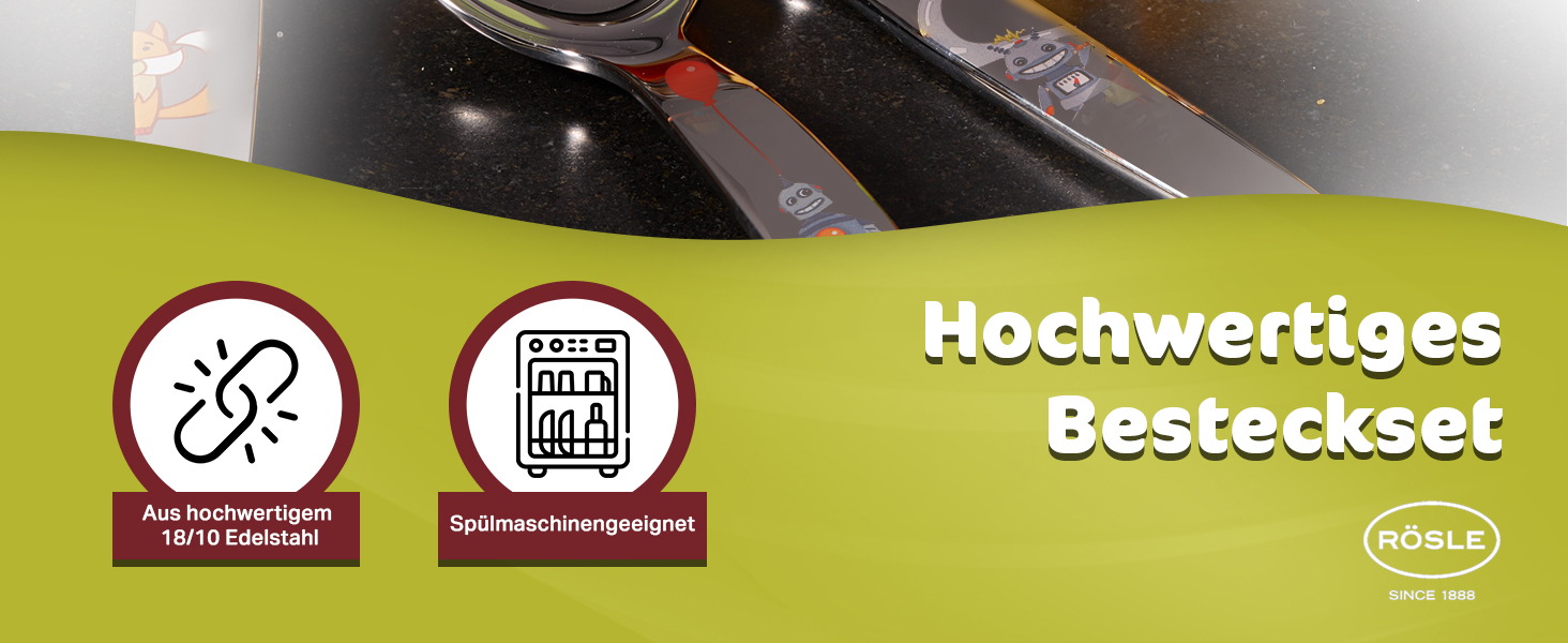 Набір дитячого посуду RÖSLE Kinderbesteck – 4 предмети з нержавіючої сталі 18/10, для дітей від 3 років, безпечний, можна мити в посудомийній машині, чудовий подарунок на хрещення, дизайн 'Маленький робот'