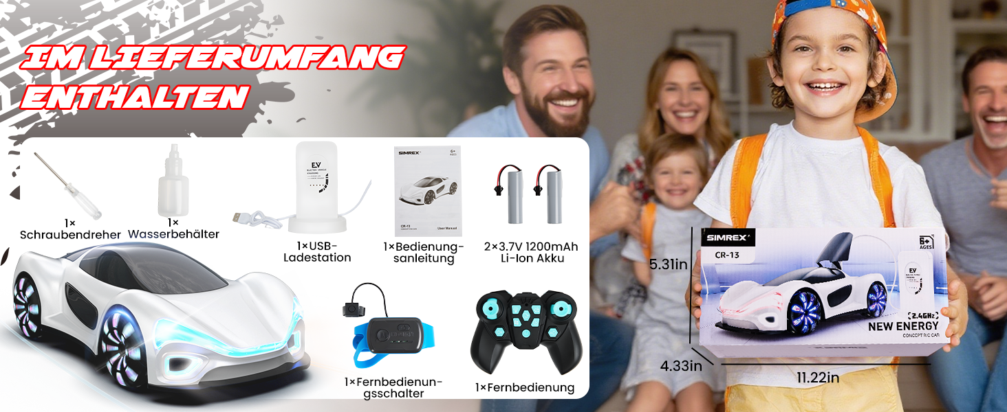 SIMREX RC Автомобіль 360° Дрифт Stunt Авто на радіокеруванні з LED підсвіткою дисків та туманом, 2.4GHz для дітей та дорослих від 6 років, подарунок на день народження, білий