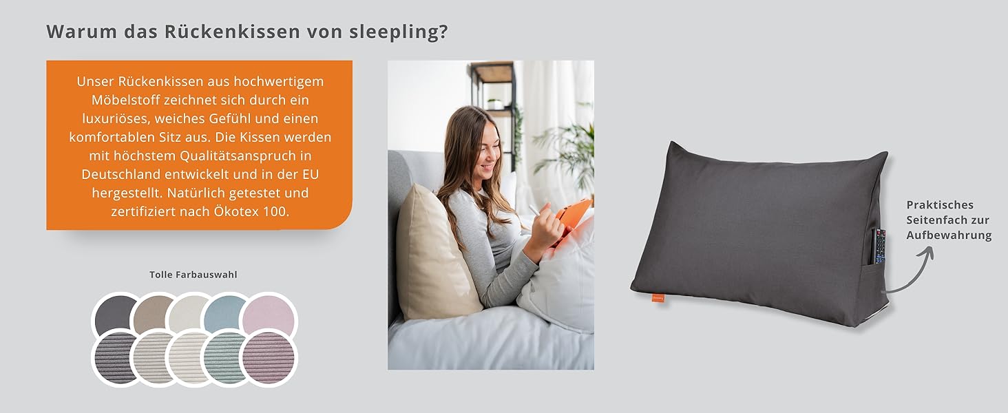 Подушка для спини в ліжко та на диван sleepling з вельвету, велика кліноподібна подушка для читання та підтримки попереку з бічною кишенею, знімний чохол, темно-сіра, 70x40x20 см