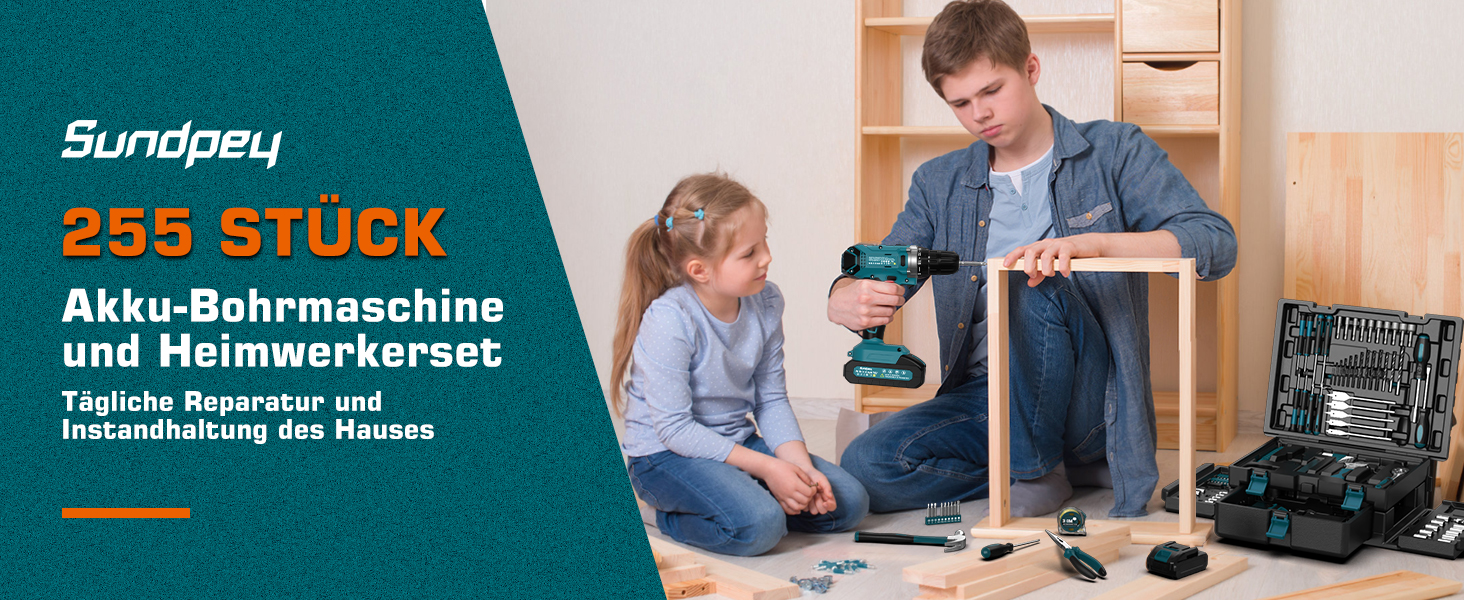 Набір інструментів Sundpey 255 предметів з акумуляторним дрилем-шуруповертом 21V, 2x2000mAh, синій - для дому та авто