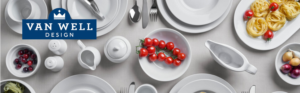 Набір посуду Van Well для 6 осіб: 18-ти частинний кавовий сервіз з порцеляни, придатний для миття в посудомийній машині та мікрохвильовій печі