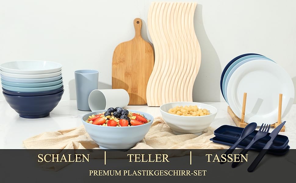 Набір посуду BEWOS Morandi з міцного пластику (40 шт.) для кемпінгу, 8 осіб, миючий посуд, підходить для мікрохвильової печі