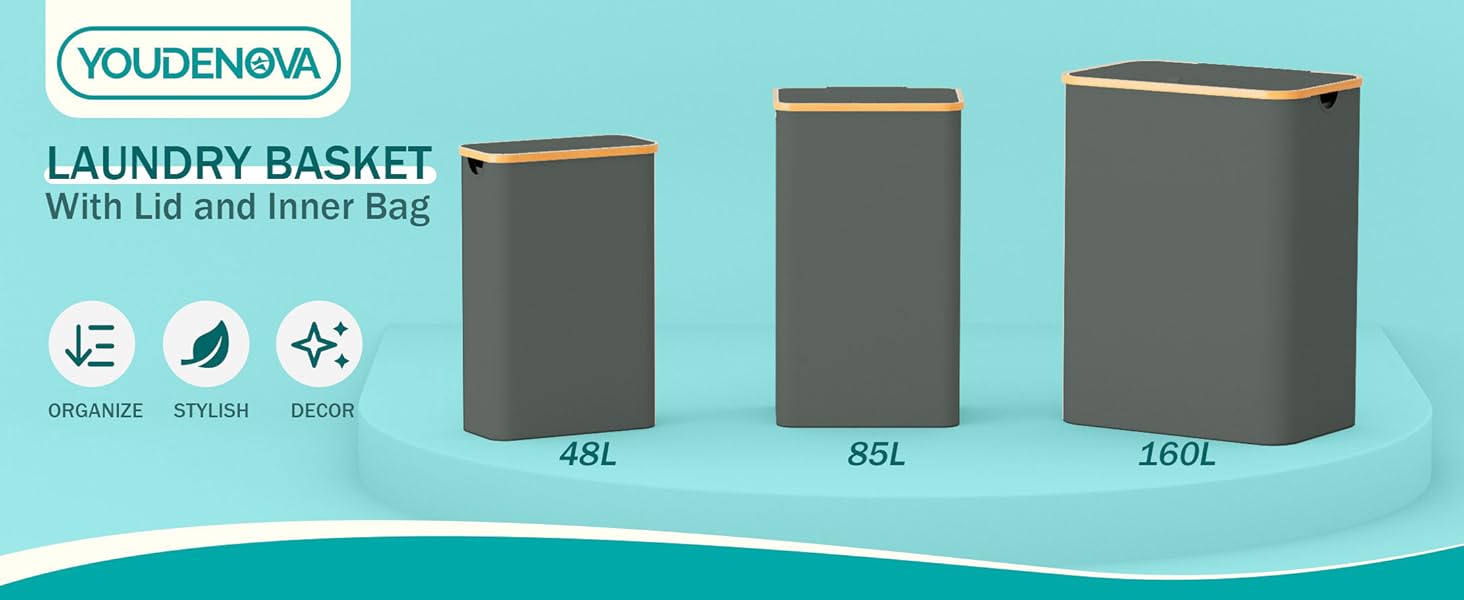 Кошик для білизни Youdenova з кришкою, 48л, вузький, з мішком для білизни, сортувальник, бамбук, білий