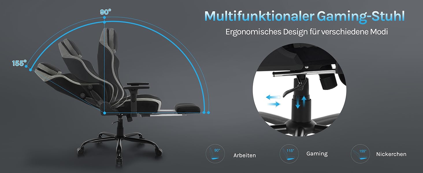 Ігровий крісло WOLTU, офісне крісло ергономічне, з інтегрованим м'яким наповнювачем, адаптивною підтримкою попереку, підніжкою, підлокітниками, оксамитовим покриттям, металевим каркасом, чорний + сірий, GS05szg Чорний+сірий Оксамит