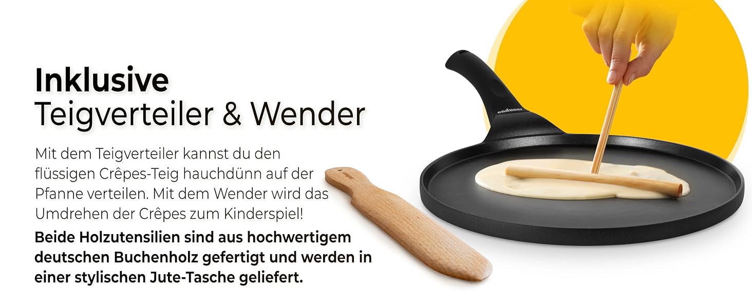 Крейпниця з індукційним дном 26 см з 3-шаровим антипригарним покриттям + лопатка та розподільник з буку (Німеччина) - для всіх типів плит (без PFOA та PFOS)