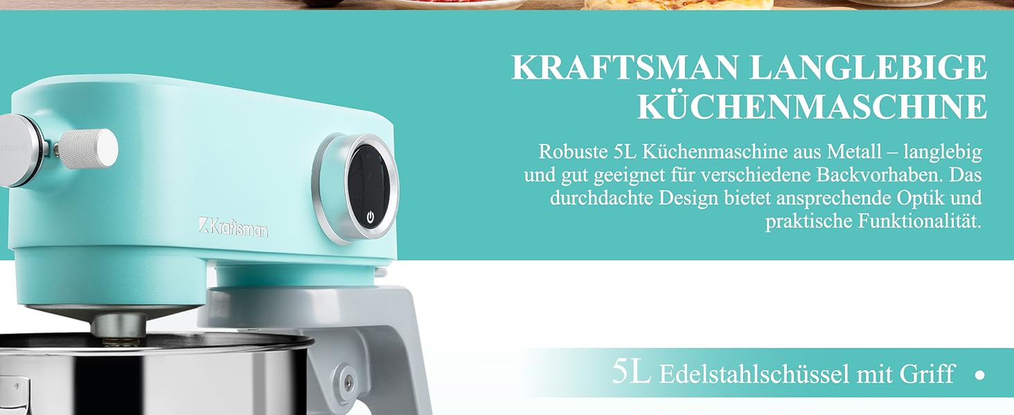 Кухонна машина 5л для замішування тіста: хліб, піца, з таймером, 8 швидкостей, нержавіюча чаша, гак, вінчик, міксер (блакитна)
