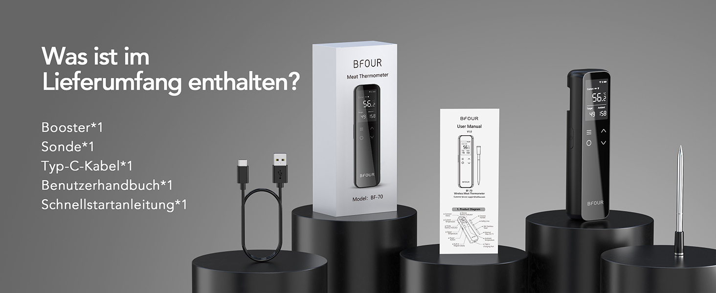 Термометр для м'яса BFOUR WiFi з Bluetooth, 6 сенсорів, з App-керуванням, бездротовий, для гриля та запікання