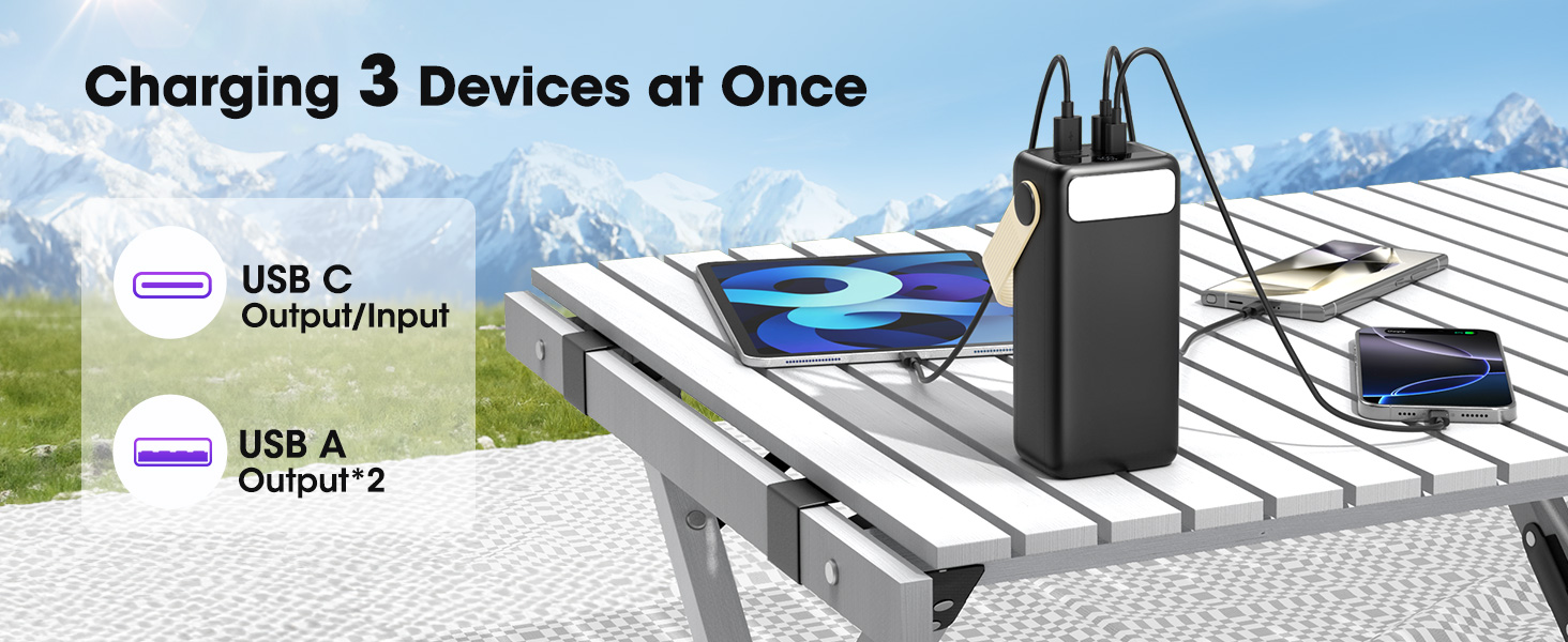 Power Bank 60000mAh Große Kapazität: Портативний акумулятор 60000mAh з USB-C, 3 виходи, 22.5W, для ноутбука, смартфона, планшета (Чорний)