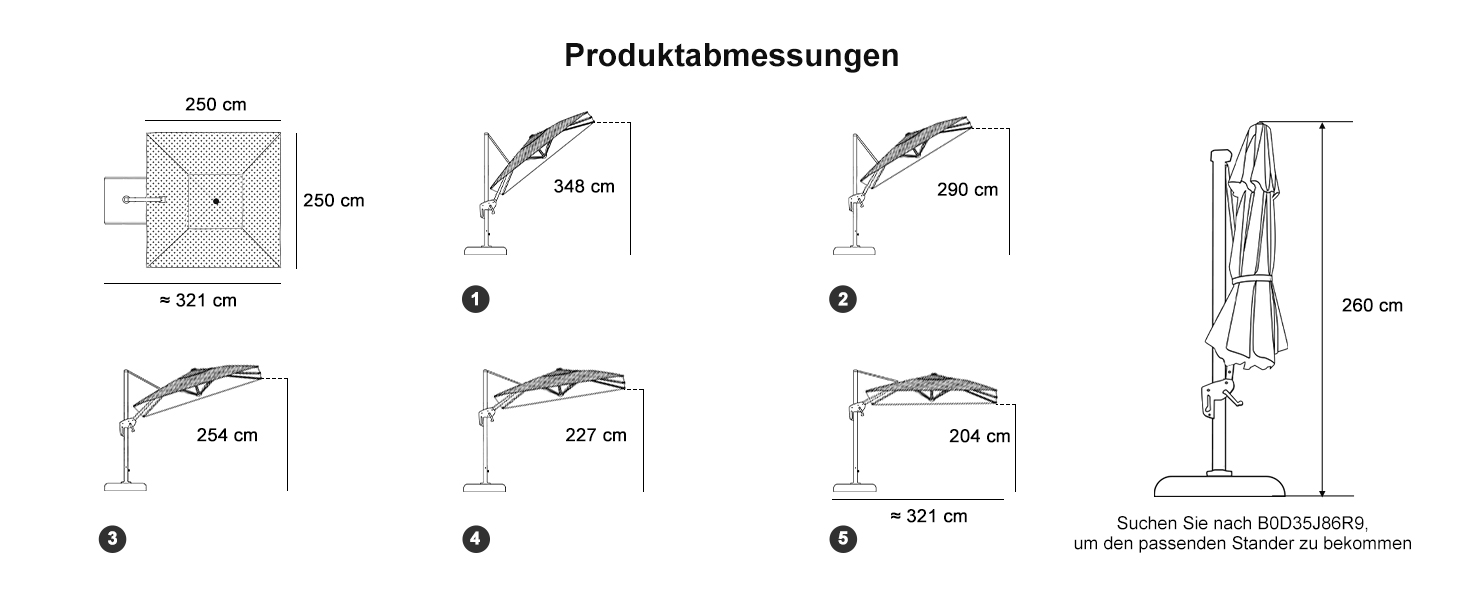 Парасолька від сонця PURPLE LEAF 250x250 см, велика підвісна парасолька-ампел з рукою-коханцем, поворотом на 360° та хрест-підставкою для тераси та балкона, сіра