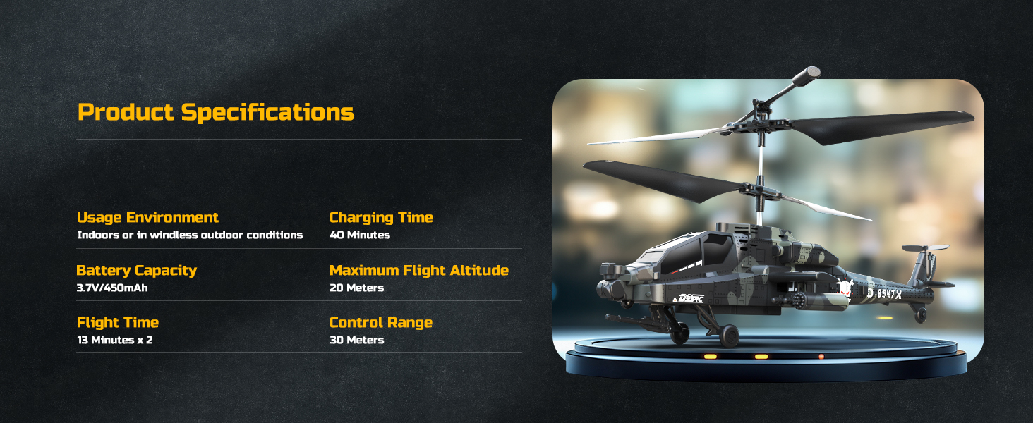 Радіокерований вертоліт DEERC Apache 2.4GHz, 2 акумулятори, 26 хв польоту, LED, стабілізація висоти, автоматичний зліт, чорний – ідеальний подарунок для хлопчиків